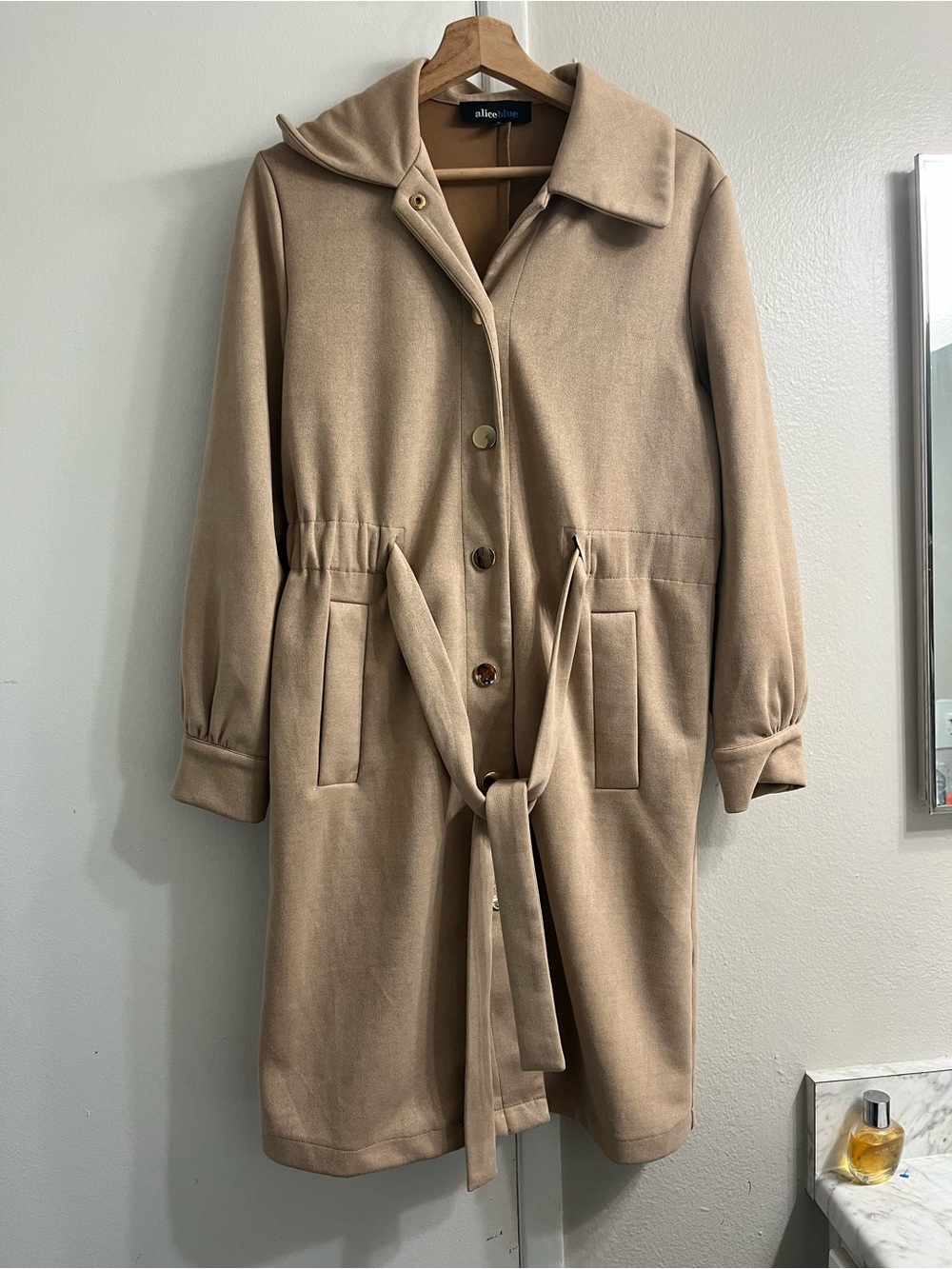 Alice Blue Camel Tie-Waist Hooded Trench Coat
